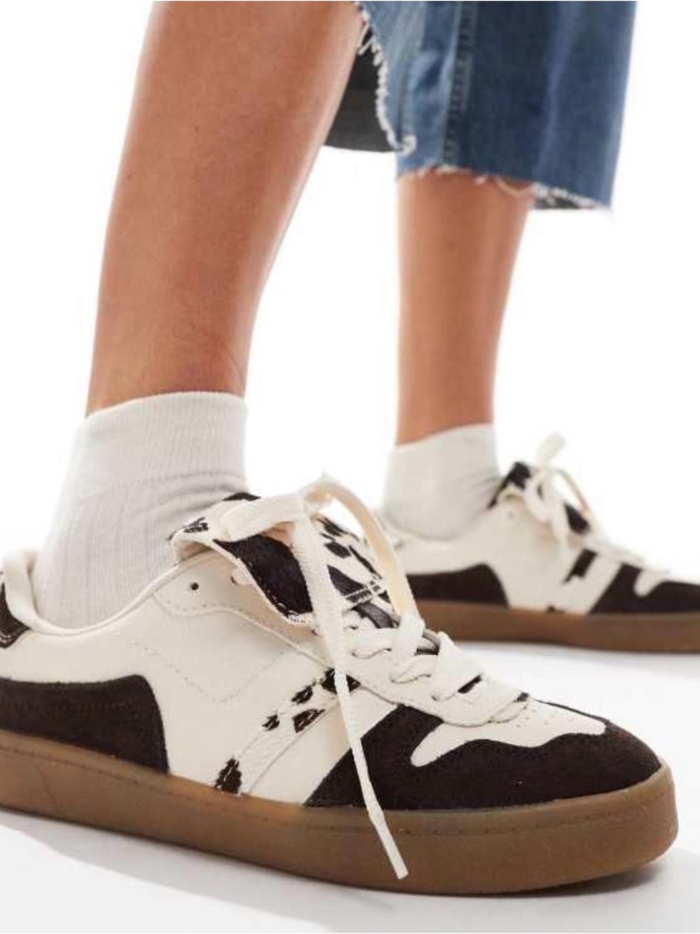 stradivarius White and Brown Cow Print Low-Top Sneakers